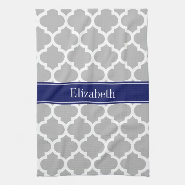 Grey White Moroccan #5 Navy Blue Name Monogram Tea Towel (Vertical)