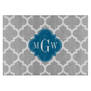 Grey White Moroccan #5 Peacock 3 Initial Monogram Cutting Board