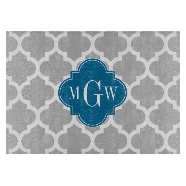 Grey White Moroccan #5 Peacock 3 Initial Monogram Cutting Board (Front)
