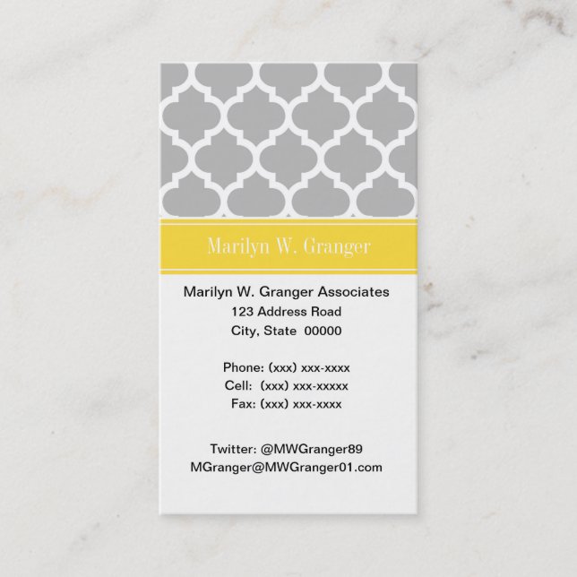 Grey White Moroccan #5 Pineapple Name Monogram Business Card (Front)