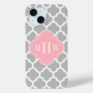 Grey White Moroccan #5 Pink 3 Initial Monogram iPhone 15 Case