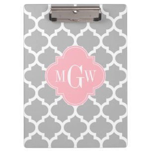 Grey White Moroccan #5 Pink 3 Initial Monogram Clipboard