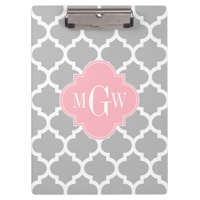 Grey White Moroccan #5 Pink 3 Initial Monogram Clipboard (Front)