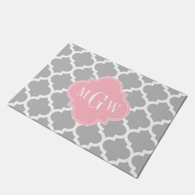 Grey White Moroccan #5 Pink 3 Initial Monogram Doormat (Angled)