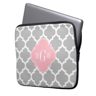 Grey White Moroccan #5 Pink 3 Initial Monogram Laptop Sleeve