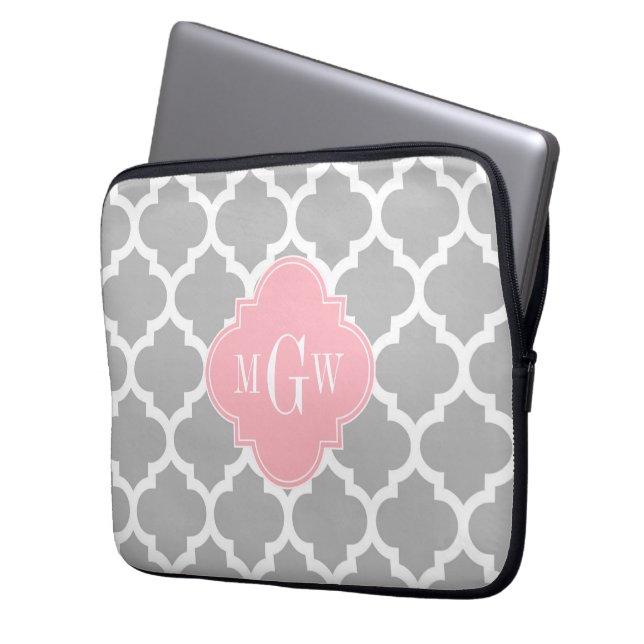 Grey White Moroccan #5 Pink 3 Initial Monogram Laptop Sleeve (Front Left)