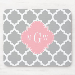 Grey White Moroccan #5 Pink 3 Initial Monogram Mouse Mat