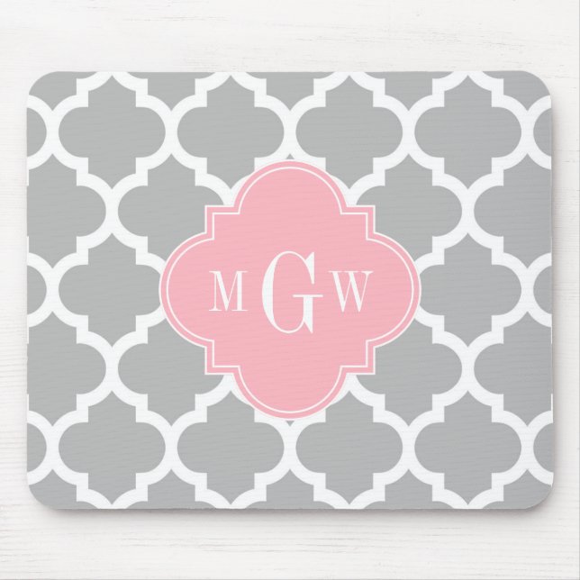 Grey White Moroccan #5 Pink 3 Initial Monogram Mouse Mat (Front)