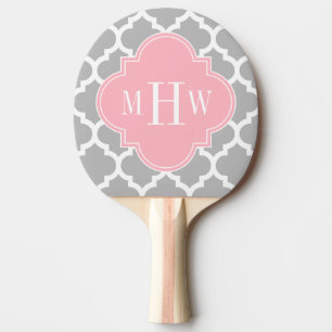 Grey White Moroccan #5 Pink 3 Initial Monogram Ping Pong Paddle