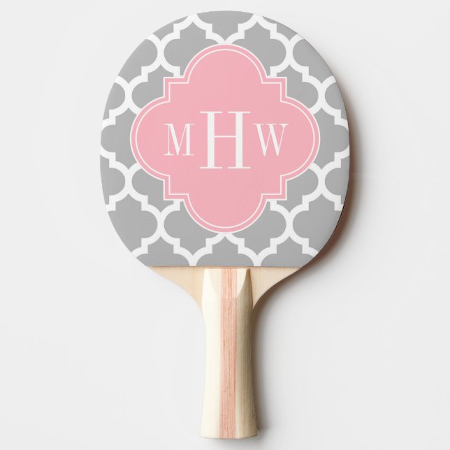 Grey White Moroccan #5 Pink 3 Initial Monogram Ping Pong Paddle (Front)