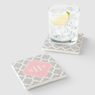 Grey White Moroccan #5 Pink 3 Initial Monogram Stone Coaster