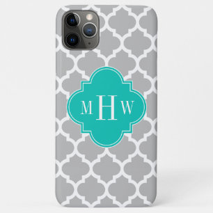 Grey White Moroccan #5 Teal 3 Initial Monogram iPhone 11 Pro Max Case