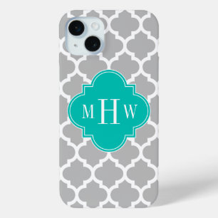 Grey White Moroccan #5 Teal 3 Initial Monogram iPhone 15 Mini Case