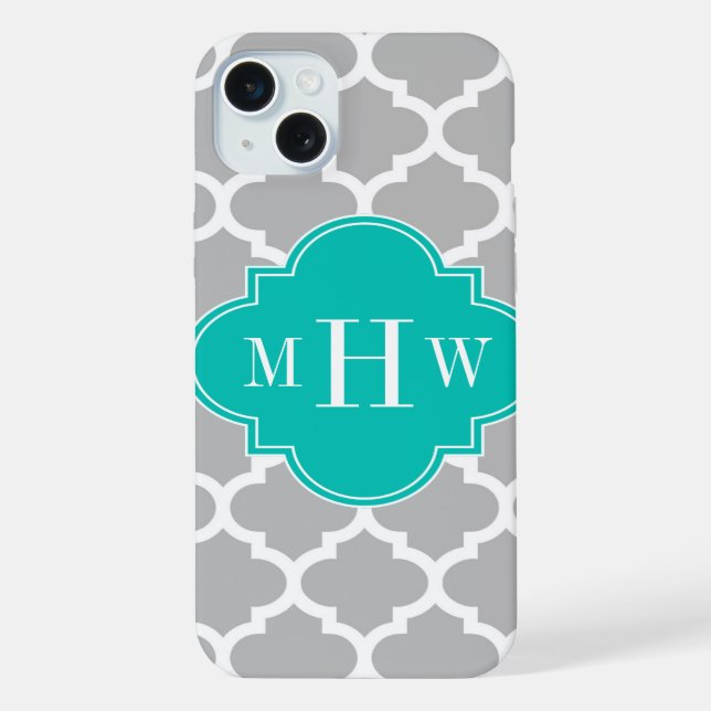 Grey White Moroccan #5 Teal 3 Initial Monogram iPhone Case (Back)
