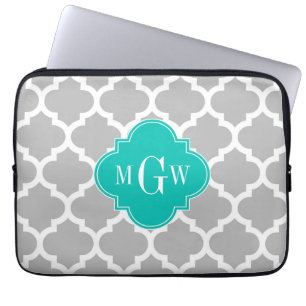 Grey White Moroccan #5 Teal 3 Initial Monogram Laptop Sleeve