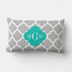 Grey White Moroccan #5 Teal 3 Initial Monogram Lumbar Cushion