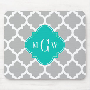 Grey White Moroccan #5 Teal 3 Initial Monogram Mouse Mat