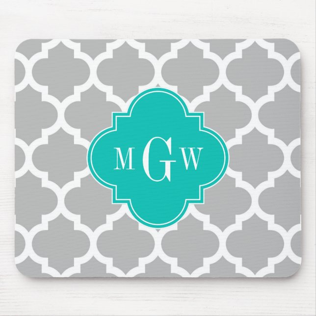 Grey White Moroccan #5 Teal 3 Initial Monogram Mouse Mat (Front)