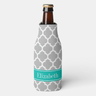 Grey White Moroccan #5 Teal Name Monogram Bottle Cooler