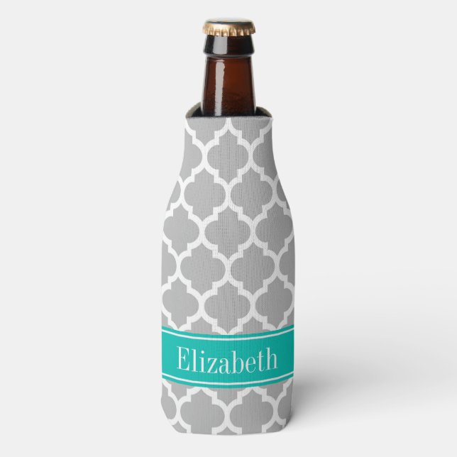 Grey White Moroccan #5 Teal Name Monogram Bottle Cooler (Bottle Front)