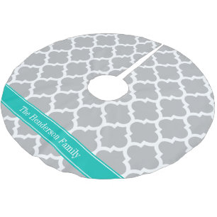 Grey White Moroccan #5 Teal Name Monogram Brushed Polyester Tree Skirt