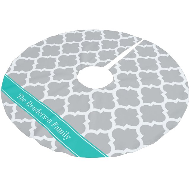 Grey White Moroccan #5 Teal Name Monogram Brushed Polyester Tree Skirt (Angled)