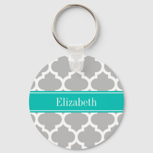 Grey White Moroccan #5 Teal Name Monogram Key Ring