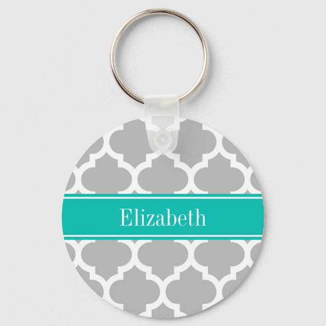 Grey White Moroccan #5 Teal Name Monogram Key Ring (Front)