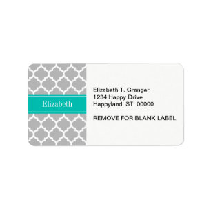 Grey White Moroccan #5 Teal Name Monogram Label