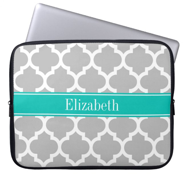 Grey White Moroccan #5 Teal Name Monogram Laptop Sleeve (Front)