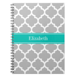 Grey White Moroccan #5 Teal Name Monogram Notebook