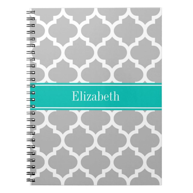 Grey White Moroccan #5 Teal Name Monogram Notebook (Front)