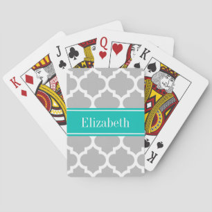 Grey White Moroccan #5 Teal Name Monogram Playing Cards