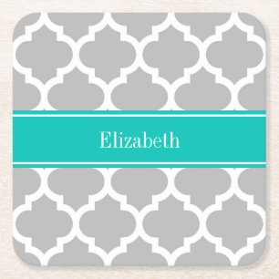 Grey White Moroccan #5 Teal Name Monogram Square Paper Coaster