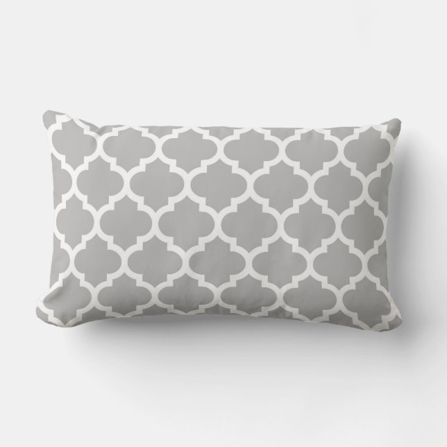 Grey White Moroccan Quatrefoil Pattern #5 Lumbar Cushion (Front)