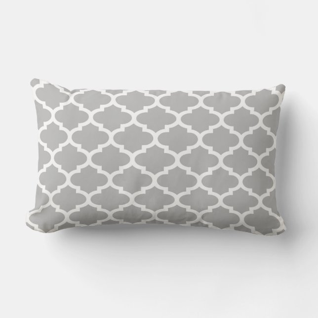 Grey White Moroccan Quatrefoil Trellis Pattern #2 Lumbar Cushion (Front)