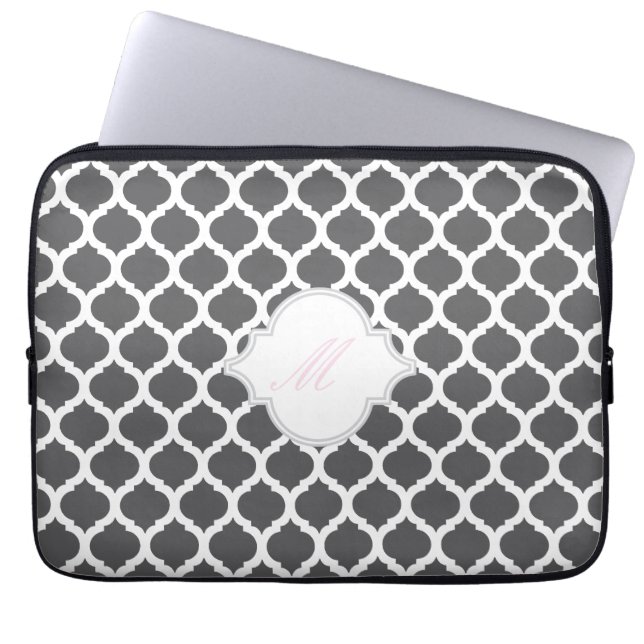 Grey & White Moroccan with Monogram Laptop Sleeve (Front)