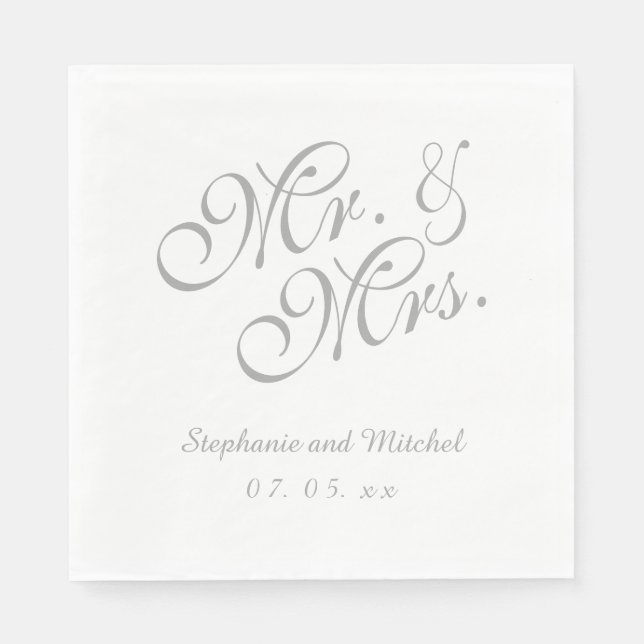 Grey White Mr. and Mrs. | Wedding Paper Napkins (Front)