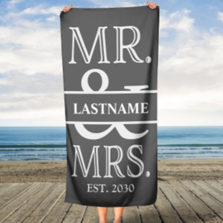 Grey White Mr. and Mrs. Wedding Personalised Beach Towel