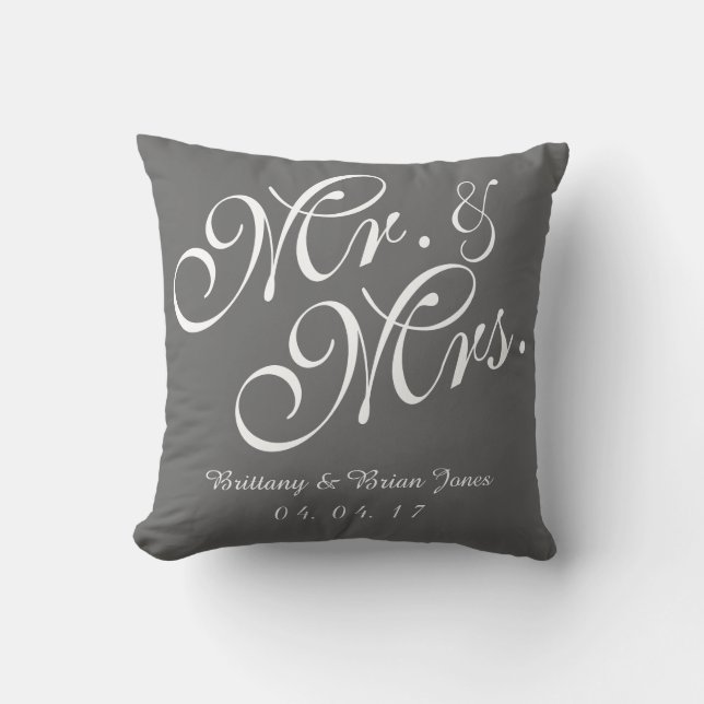 Grey & White Mr. and Mrs. Wedding Pillow (Front)
