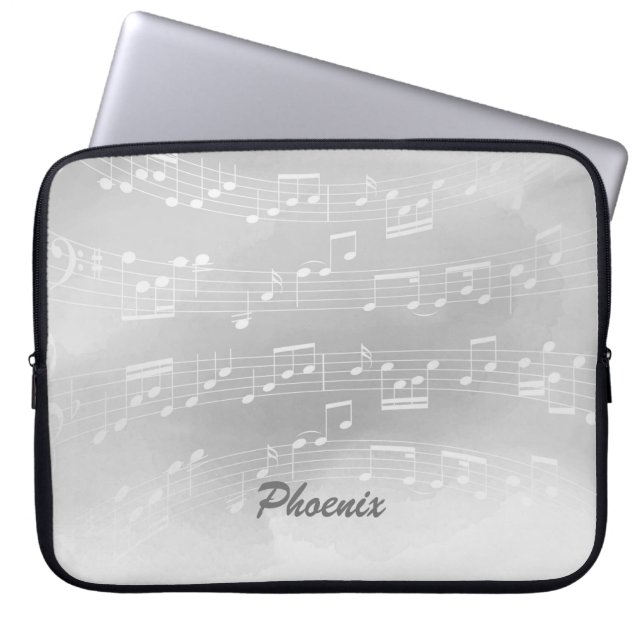 Grey-White Music Notes and Custom Monogram Laptop Sleeve (Front)