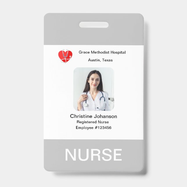  Grey & White Name, Photo, info, logo, barcode  ID Badge (Front)