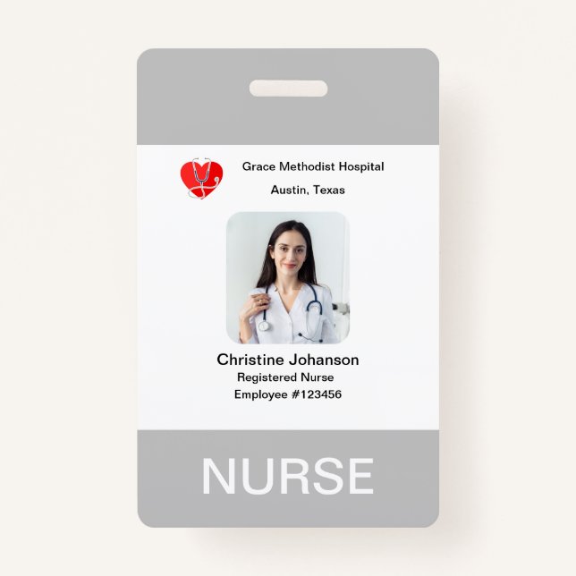  Grey & White Name, Photo, info, logo, barcode  ID Badge (Front)