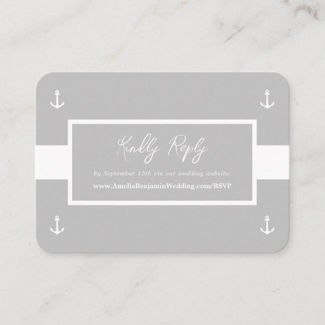  Grey White Nautical Pattern Website Wedding RSVP Enclosure Card (Front)