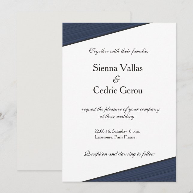 Grey white navy blue stripes wedding invitation (Front/Back)