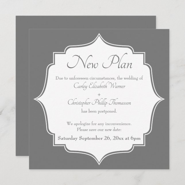 Grey White New Date Postponed Wedding Announcement (Front/Back)