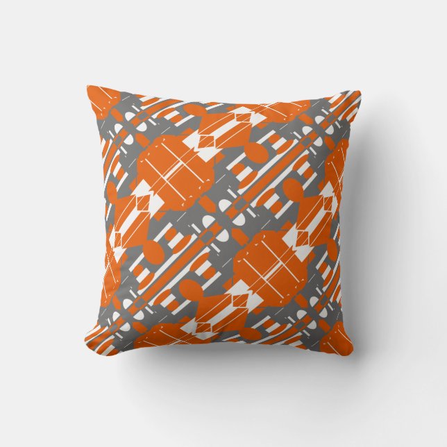 Grey White on Orange Diagonal Abstract Design Cushion (Front)