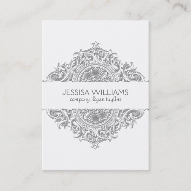 Grey & White Ornate Floral Ornament Design Business Card (Front)