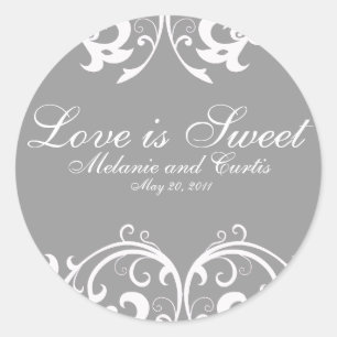 Grey White Ornate Love Is Sweet Classic Round Sticker