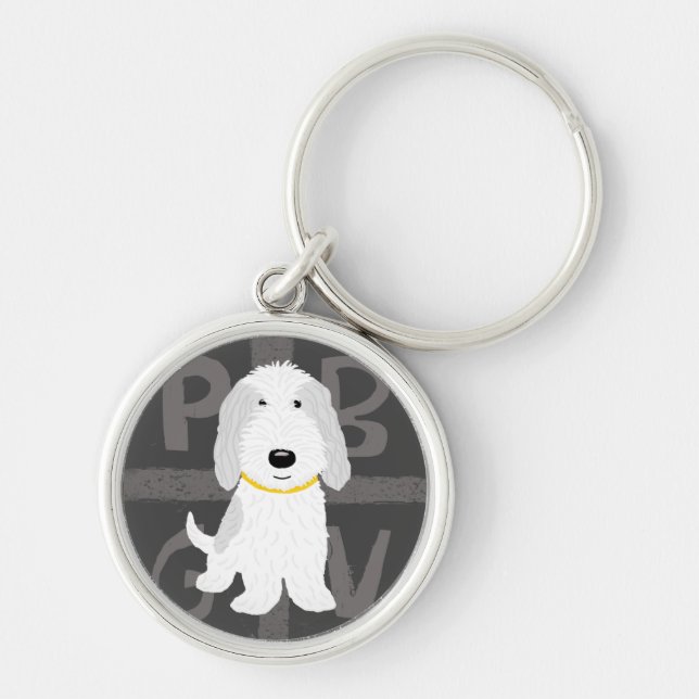 Grey & White PBGV Cartoon Dog Key Ring (Front)